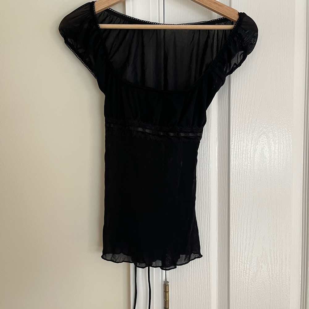 Sheer black peasant top with tie back